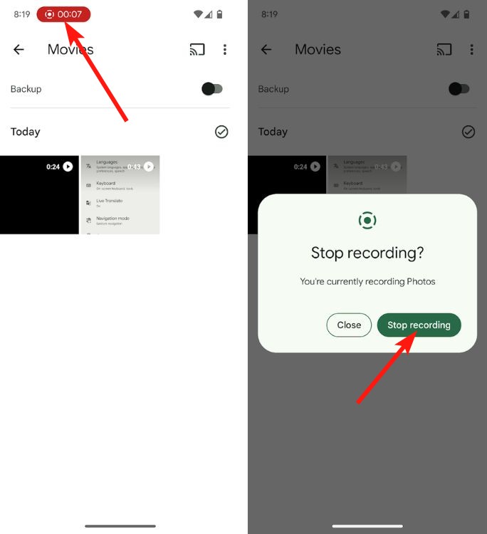 Pixel screen recording pill and stop recording option