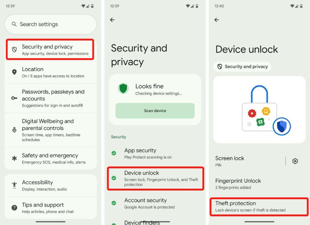 Pixel Android Settings and Theft Protection option