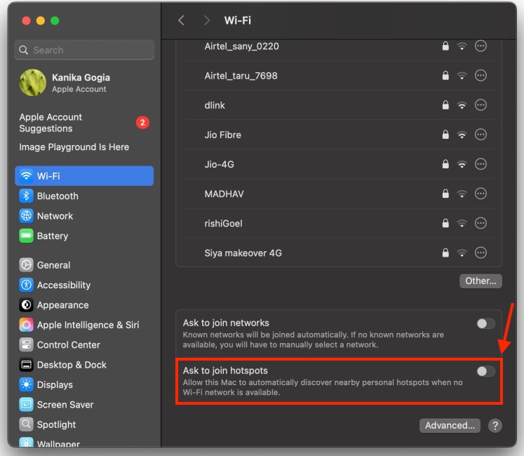 Turn Off Ask to join-hotspots option in Wi-Fi Settings on Mac