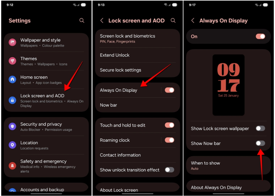 screenshots showcasing the process of disabling One UI Now Bar for the Always-on display on Samsung phone