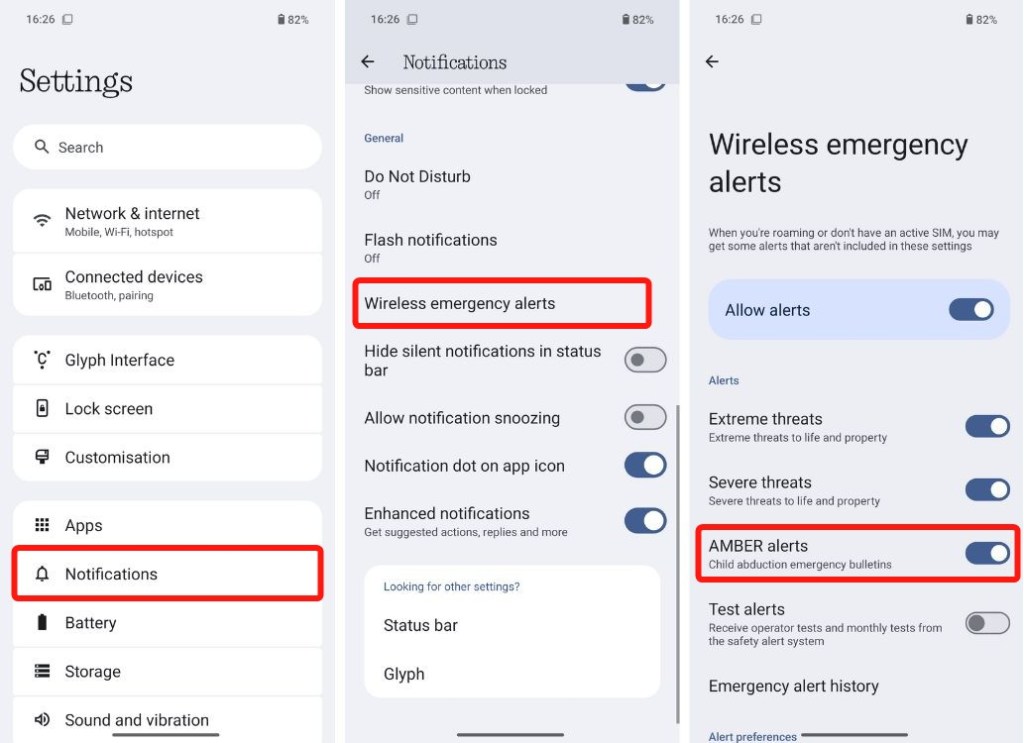 Nothing OS settings to turn of AMBER alerts in wireless alerts