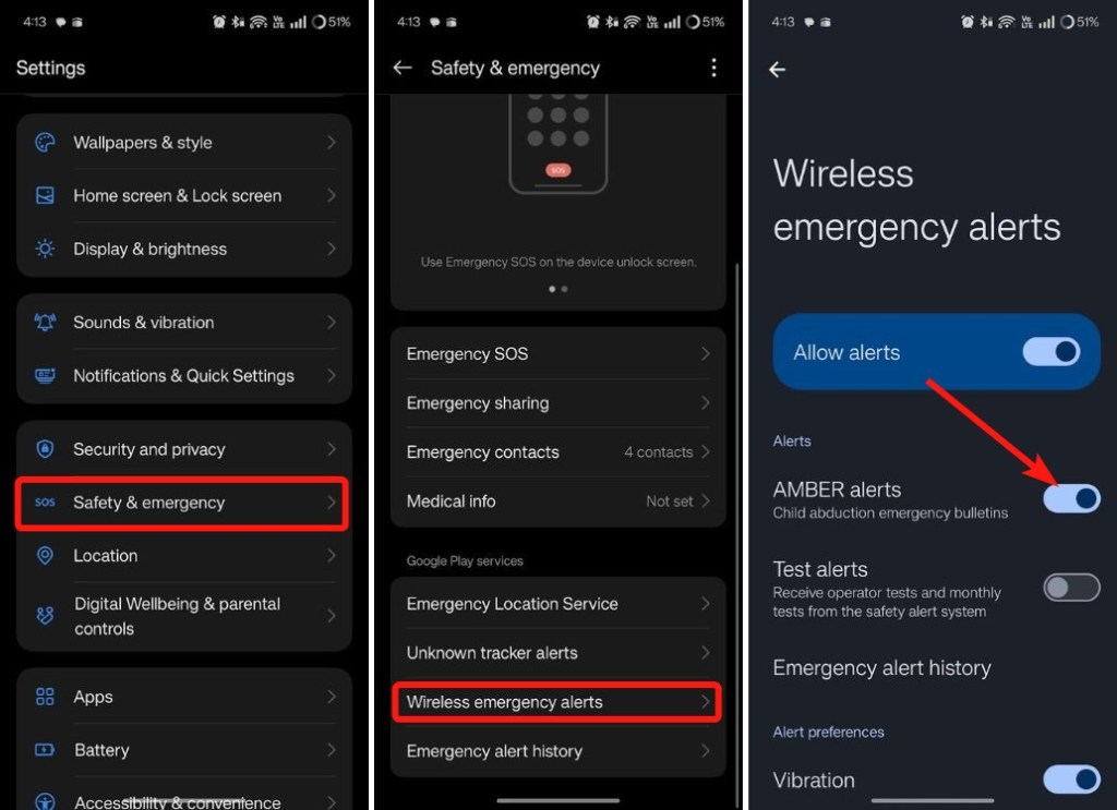 OnePlus Settings app with wireless emergency alerts and AMBER Alerts options