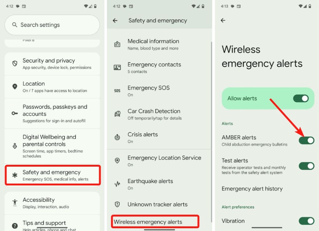 Google Pixel wireless alerts settings and AMBER alerts toggle