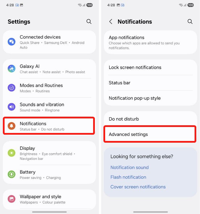 Samsung advanced settings in notification settings