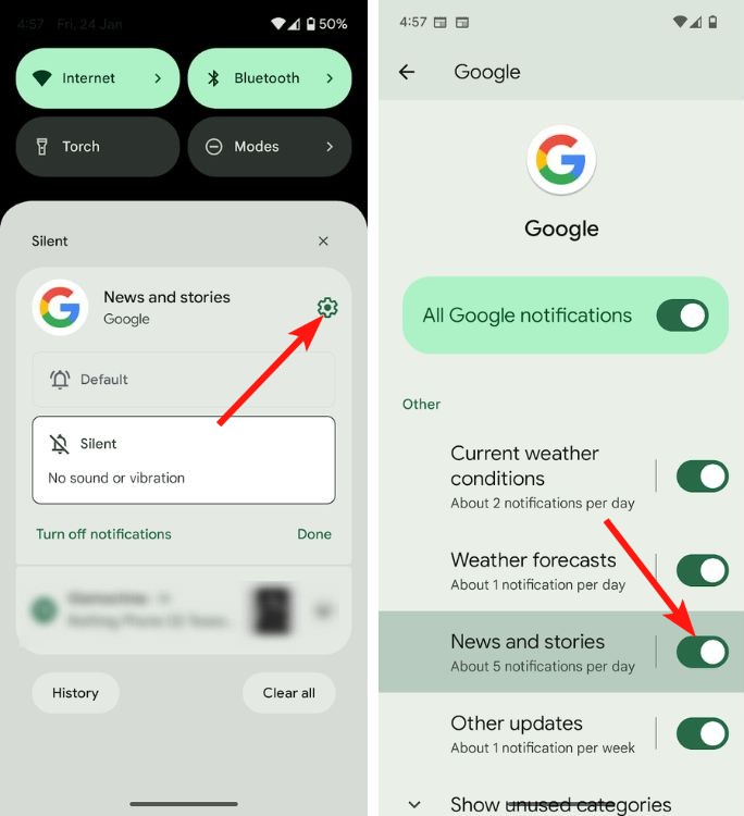 Android quick settings notification section with notification settings