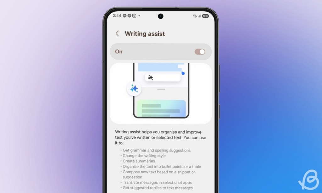 phone featuring a preview of the Galaxy AI writing assist feature inside One UI 7 on a Samsung Phone