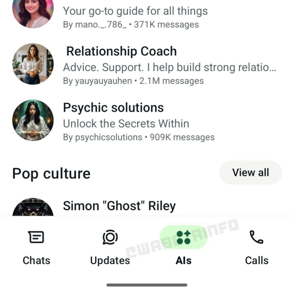 preview of WhatsApp app showing the upcoming AIs tab at the bottom featuring various personalities