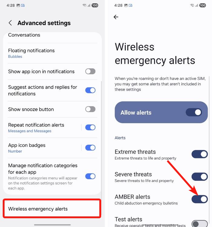 Wireless emergency alert settings with AMBER alert toggle