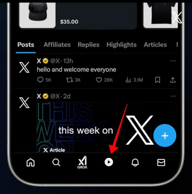 phone featuring the new Video feed tab inside the X app