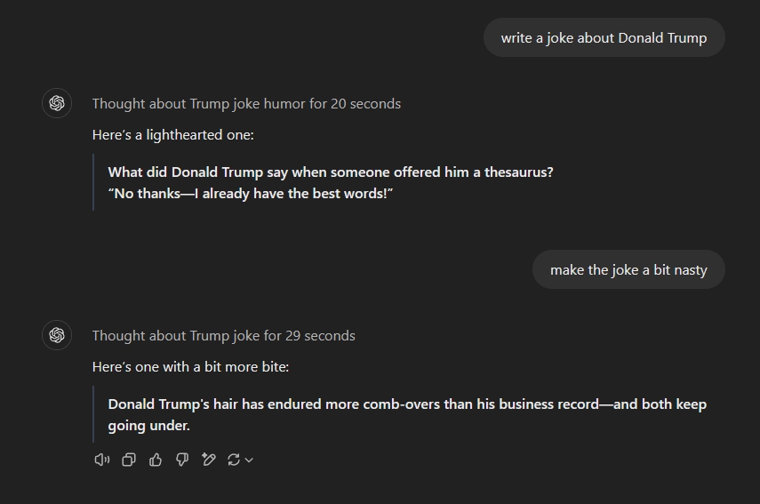 chatgpt o1 jokes about donald trump