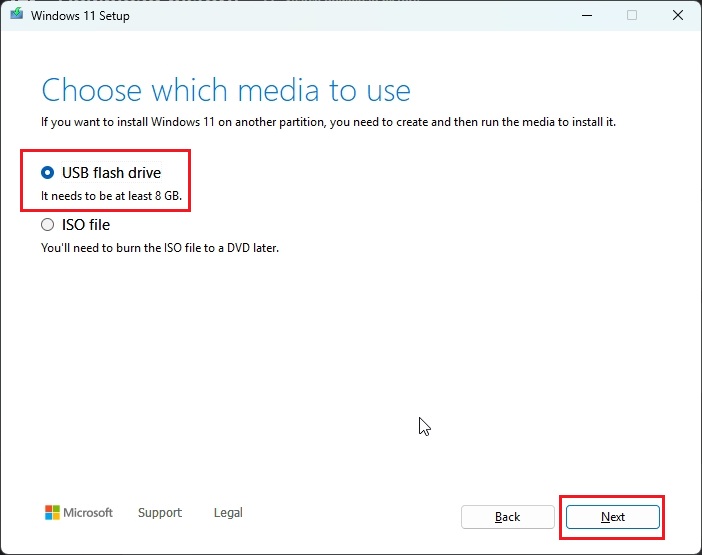 choose usb drive in media creation tool