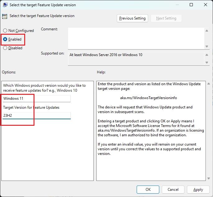 configure windows 11 target version to stay on 23h2