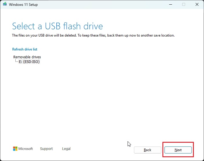 confirm the USB drive in windows 11 media creation tool