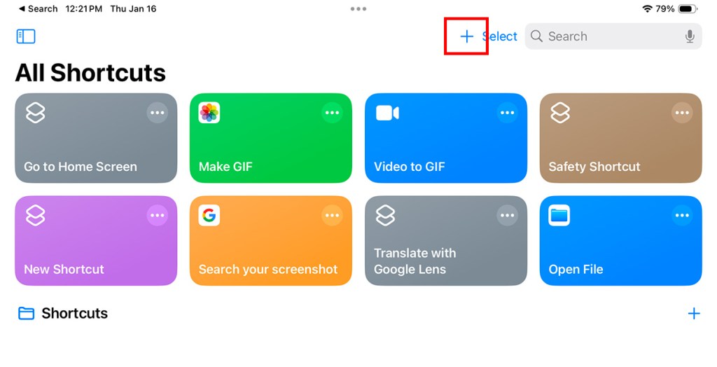 Plus icon in the Shortcuts app to create a new shortcut on iPad