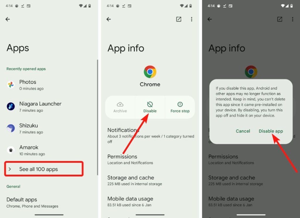 Android app settings on chrome app info page with disable option