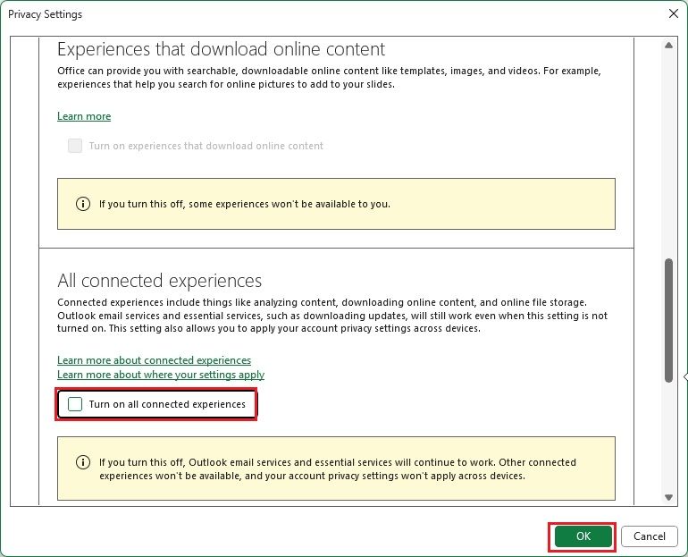 disable connected experiences in office apps