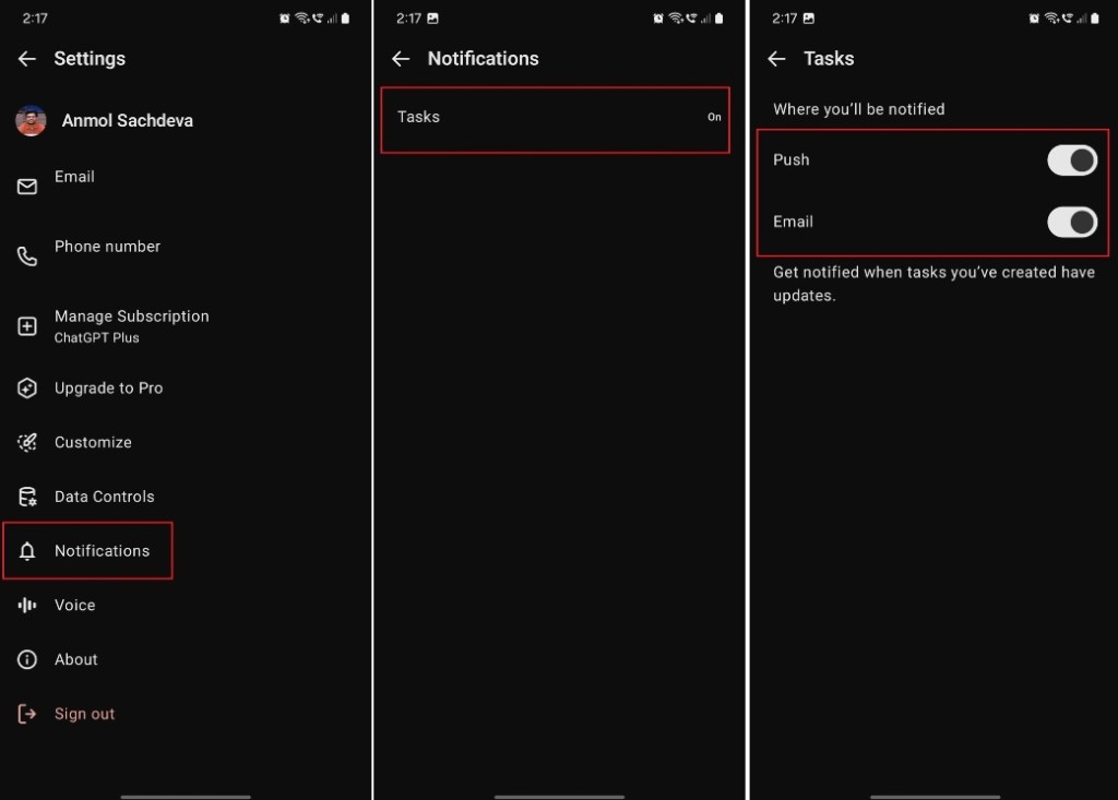 enable task notification on chatgpt android app