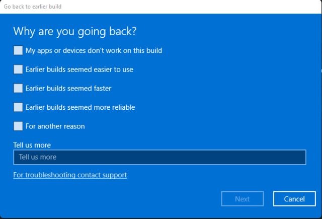 go back to earlier build dialog box in windows 11