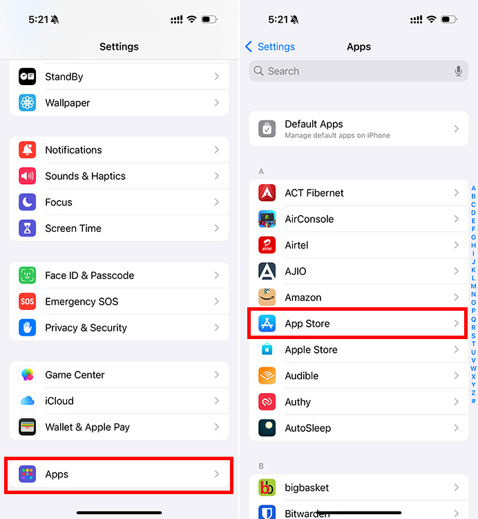 iPhone Settings app screenshot with Apps and App Store settings options highlighted