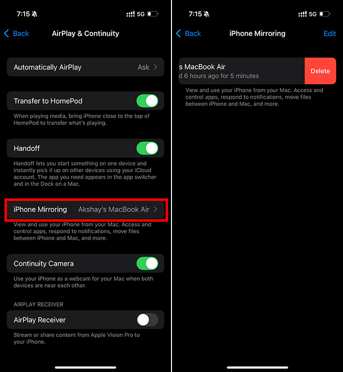 iPhone mirroring settings to remove devices from the list