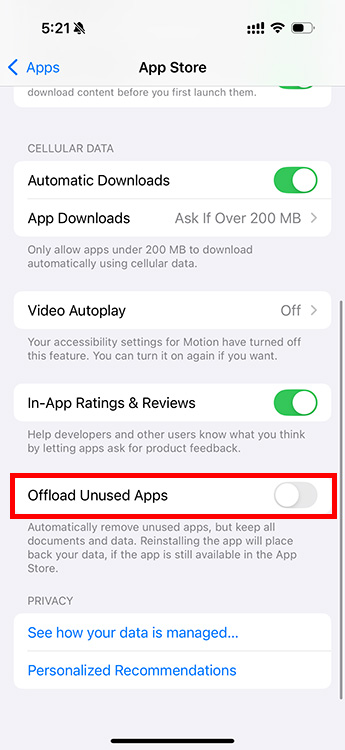 iPhone offload unused apps setting