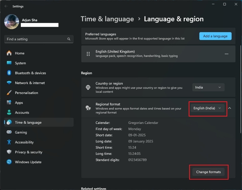 language and region setting in windows 11