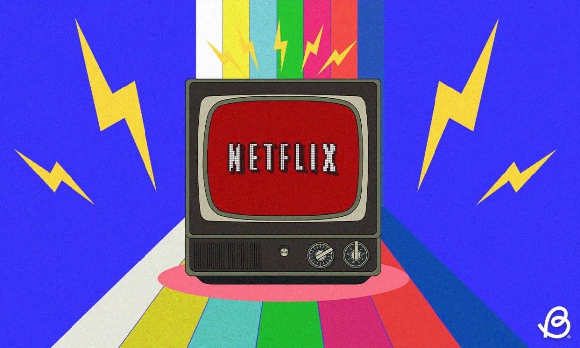 illustration of the Netflix logo on an old CRT TV with color strips in front of a blue background