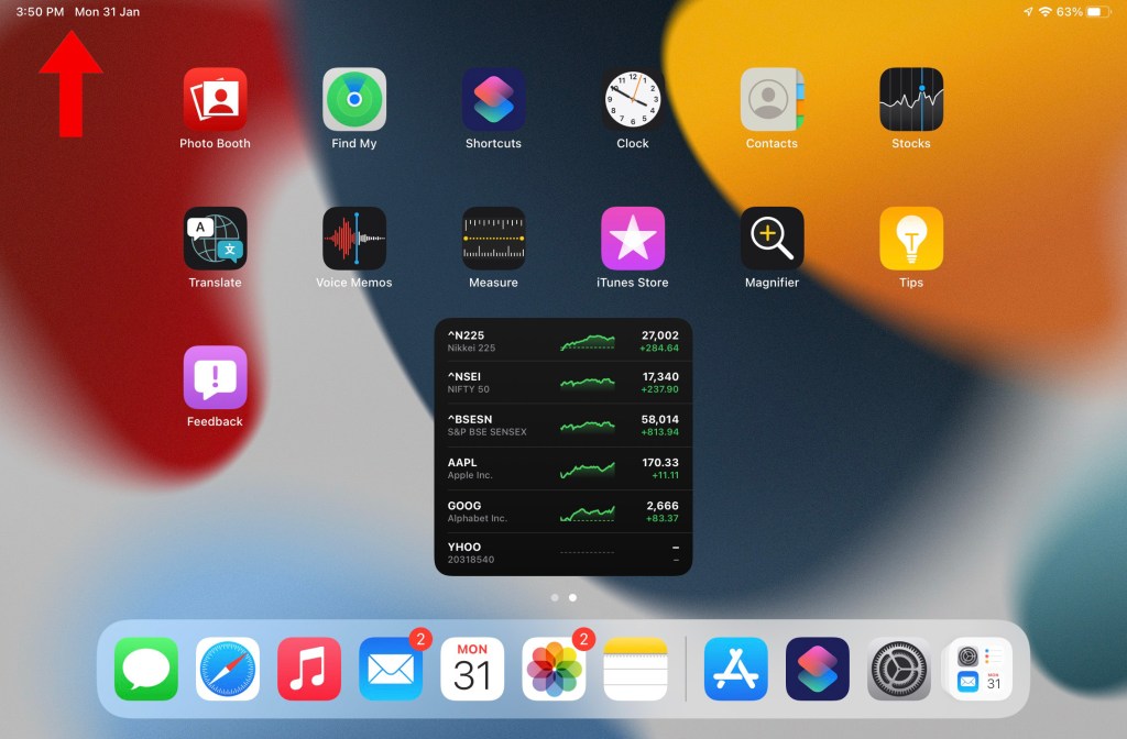 iPad home screen with annotation showing the date and time section in the menu bar