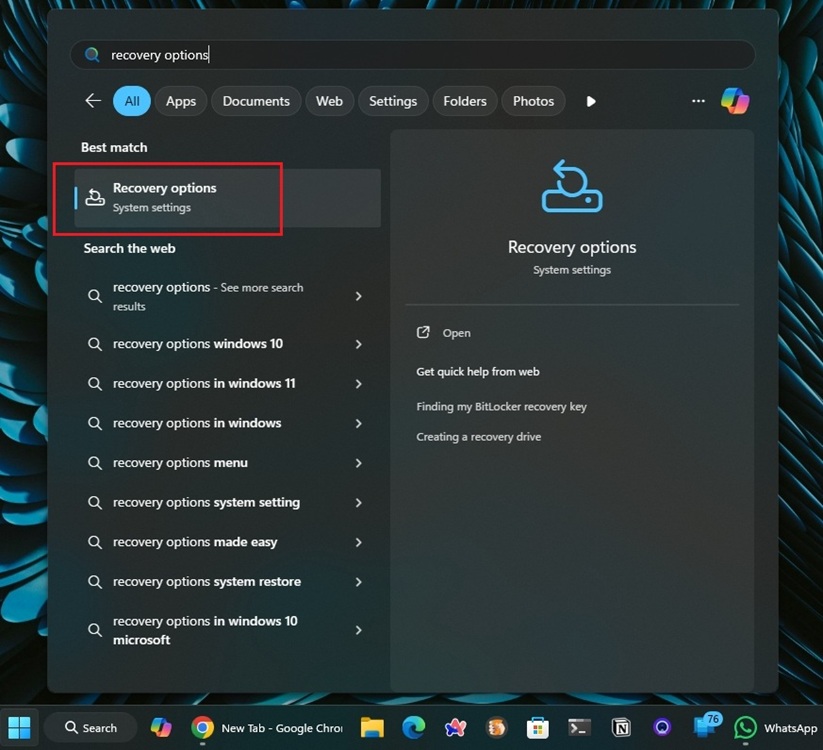 open recovery options in windows 11