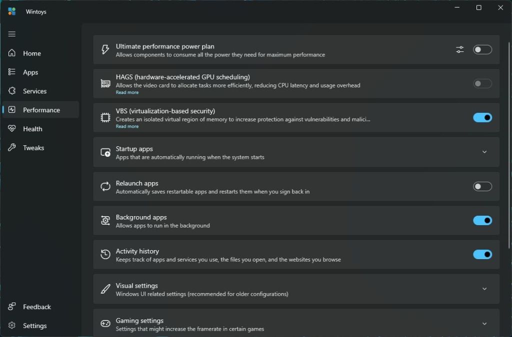performance tab in wintoys apps