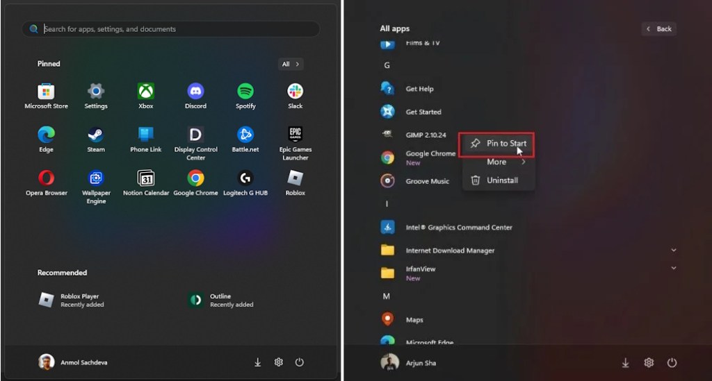 pin apps to start menu in windows 11