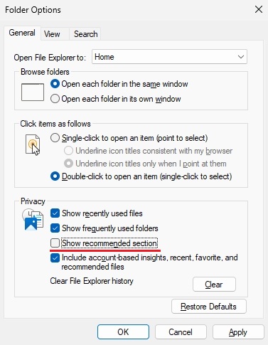 remove recommended section in file explorer windows 11