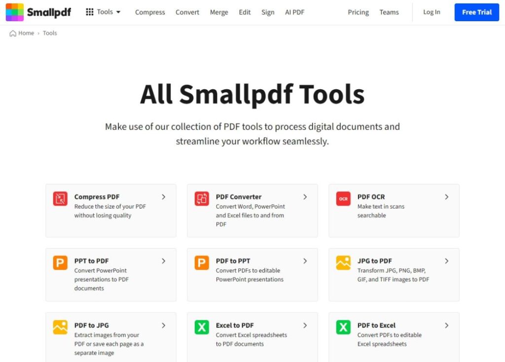 smallpdf free pdf editing tools