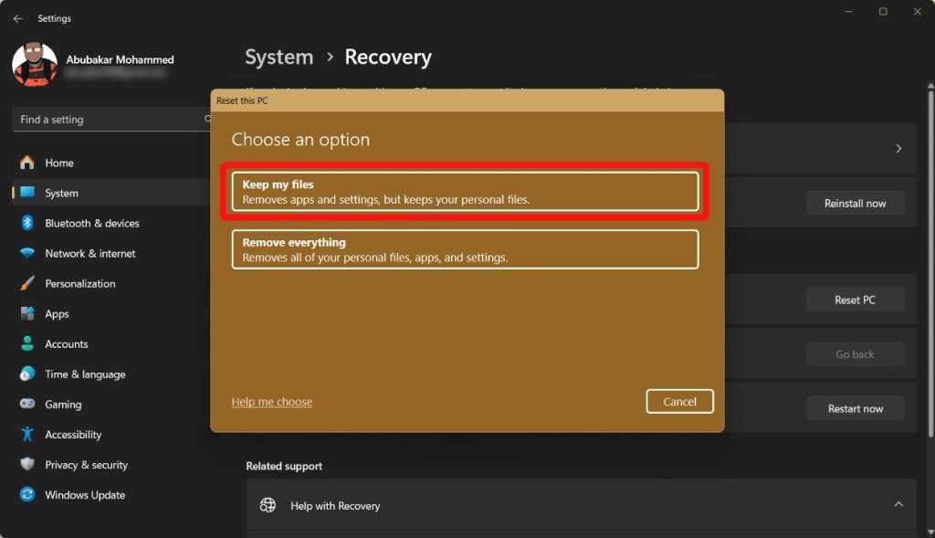 windows recovery option