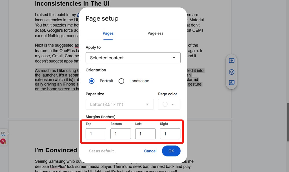 Google Docs Adjust left right top and bottom margins