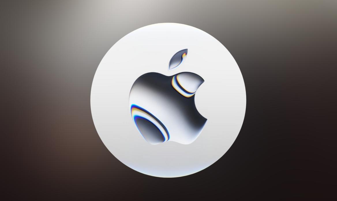 Apple logo with a lens flare effect in a grey circle in front of a dark grey gradient background