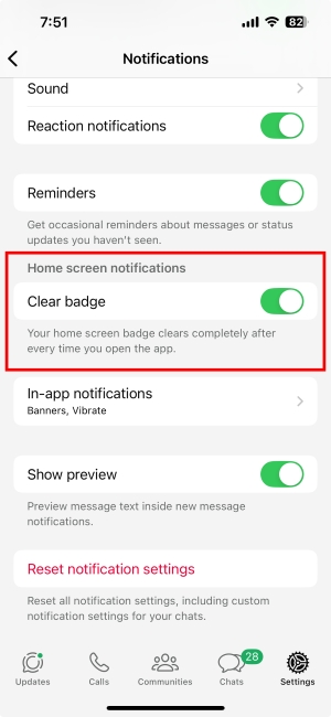 Clear Home Screen Badge in WhatsApp for iPhone