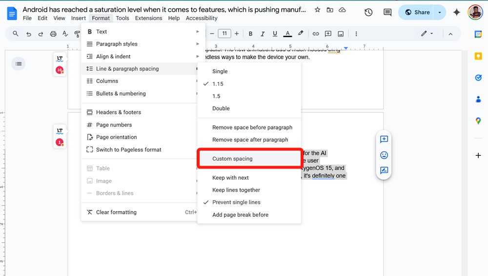 Google Docs Format options and custom spacing
