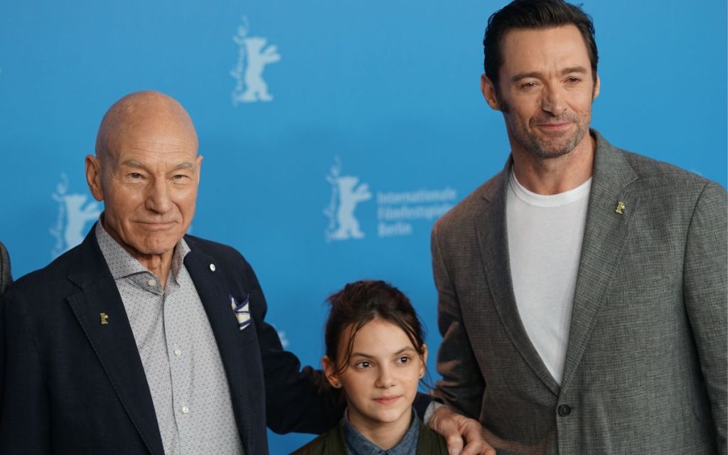 Dafne Keen, Hugh Jackman and Patrick Stewart at  'Logan' premiere and photo call at 67th Berlinale International Festival