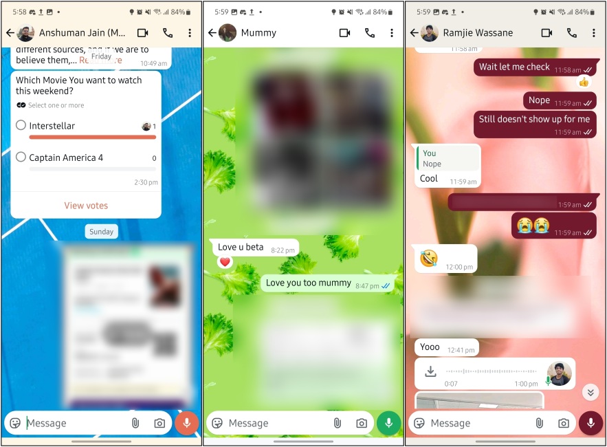 Different Colored WhatsApp Chat Side by Side