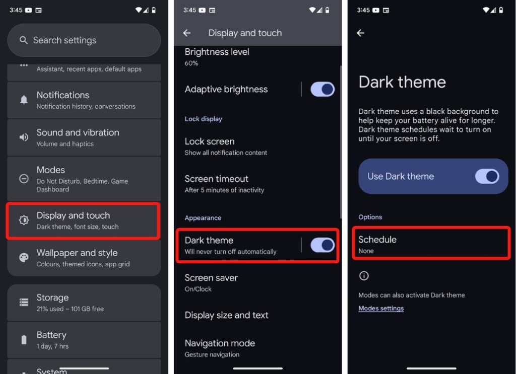 Android display settings with dark mode toggle