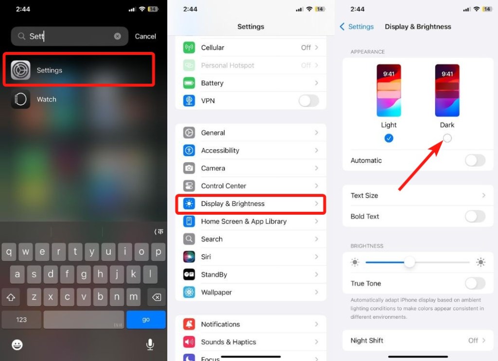 iOS Settings app display settings and dark mode