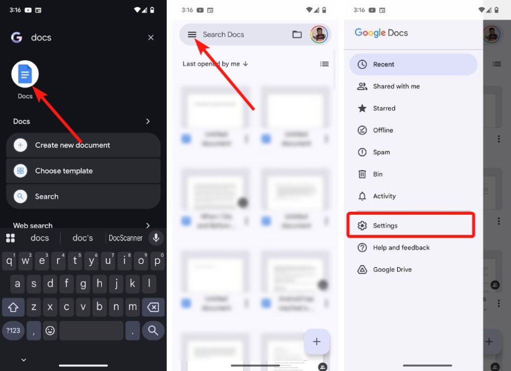 Google Docs Android App Hamburger menu with settings option