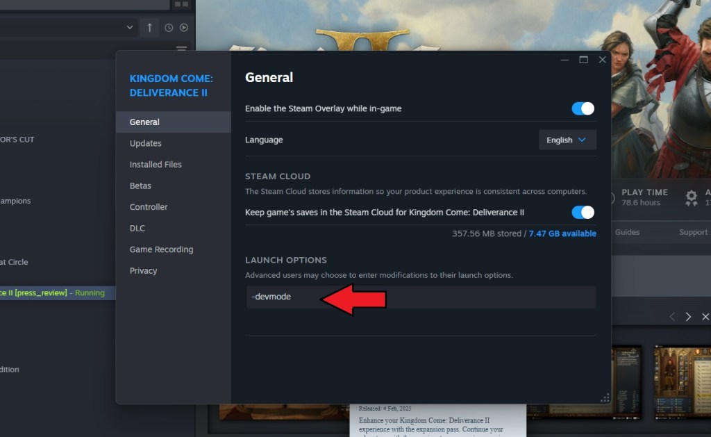Launch KCD 2's cheat engine by enabling Dev mode