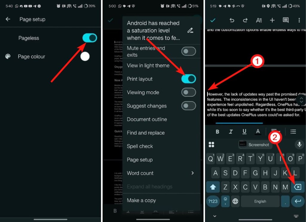 Pageless toggle, print layout toggle and delete button