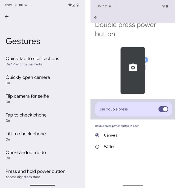 Gestures settings with double press to invoke wallet