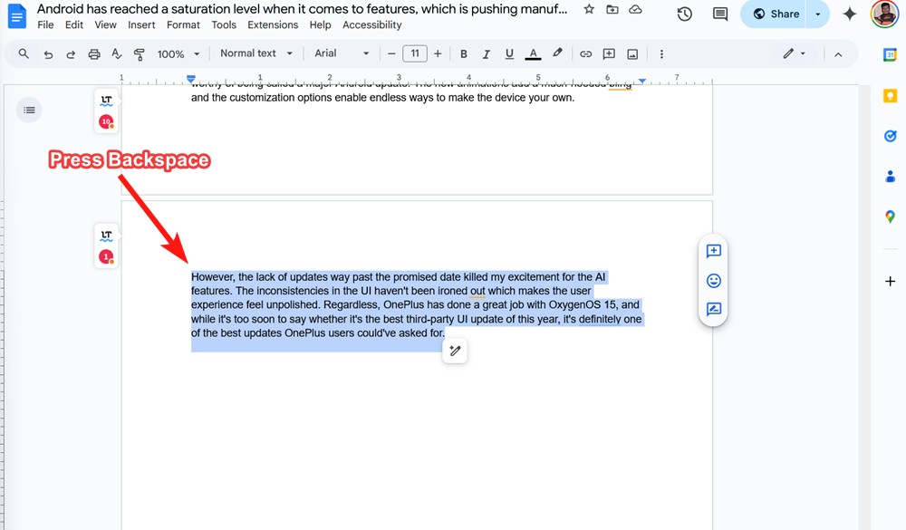 Google Docs press back space to delete page