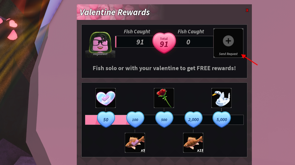 Valentines rewards tab in Fisch event with send request option