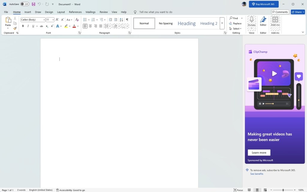 ad supported free microsoft word user interface