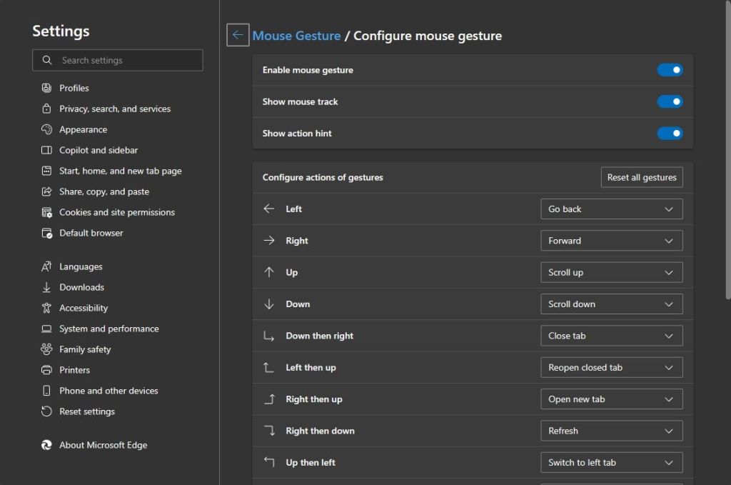 configure mouse gestures in microsoft edge